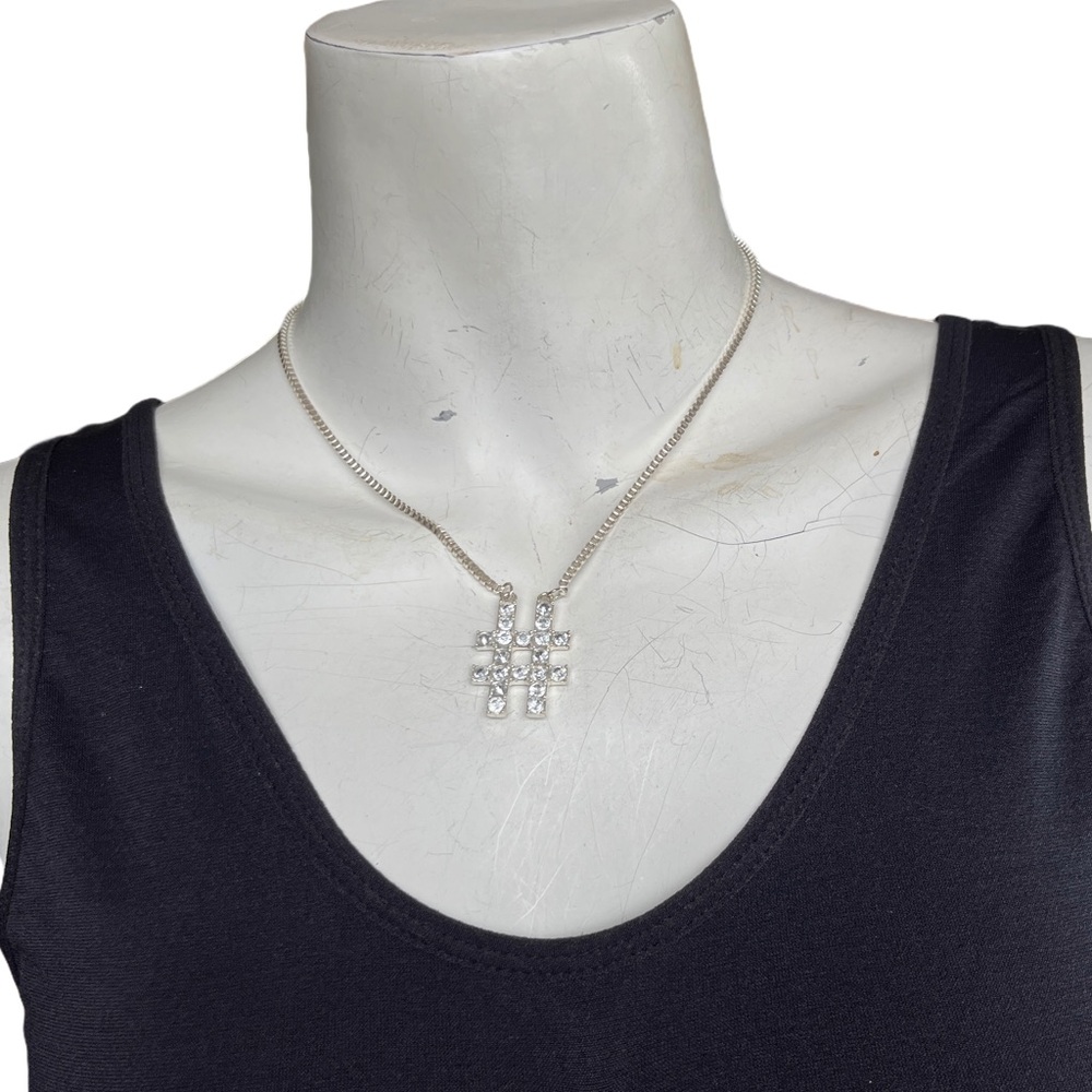 Rhinestone Hashtag Pendant Necklace – 15” + 3” Extender, Silver Tone